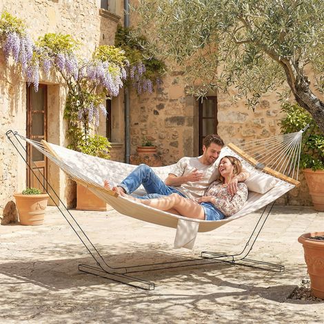Hamac suspendu avec oreiller extra-long tissu matelassé poche pour magazines intérieur et extérieur crème 325 cm design moderne