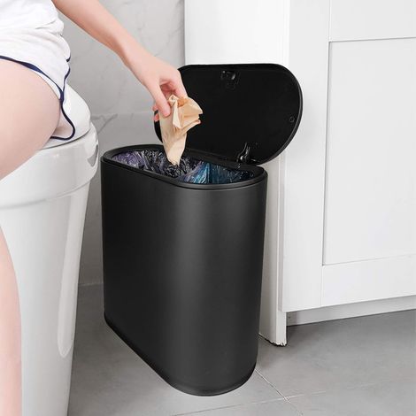 Pattumiera, pattumiera sottile in plastica da 10 litri/2,4 galloni con coperchio a scatto, cestino bianco per cucina, bagno, soggiorno, ufficio, spazi ristretti (nero) (1/5)