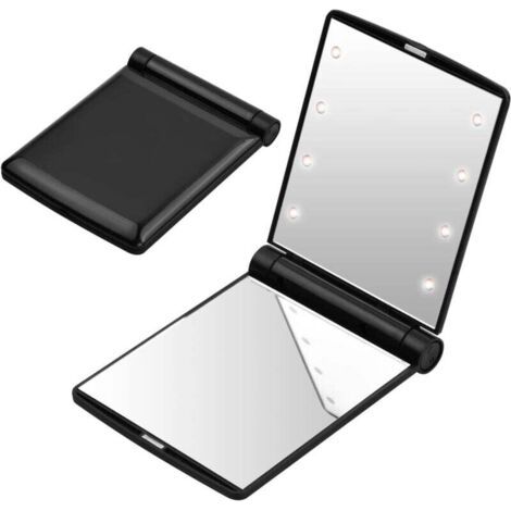 Miroir de poche LED pliable - noir, miroir de voyage de poche, petit miroir pliable, miroir de maquillage portable, miroir de sac à main, miroir de poche avec 8 lumières LED, cadeau pour les femmes