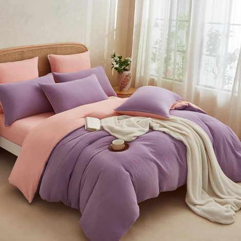 Bettwäsche-Set 155x220 cm Baumwolle Muslin Lila Rosa Kühlend Atmungsaktiv Wendbar