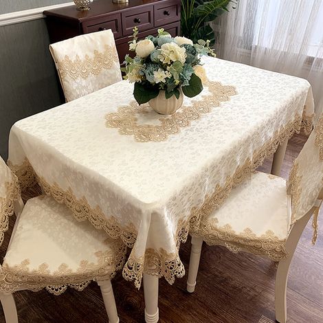 Nappe à motif floral, dentelle brodée, infroissable et antitache, idéale pour la cuisine et la table à manger - couleur or champagne