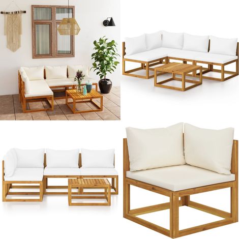 5-tlg. Garten-Lounge-Set mit Auflagen Creme Massivholz Akazie - Gartensaison - Loungebereich - Outdoor Möbel - Gartenmöbel Set - Holz Lounge Set - Home & Living