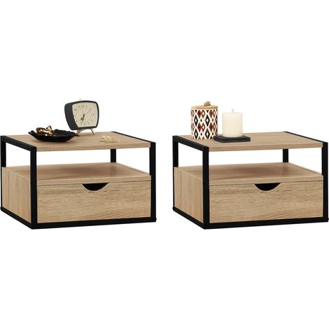 Idmarket – Lot de 2 tables de chevet suspendues bois et métal noir – 1 tiroir et 1 tablette – Design industriel – Dimensions 40x30x25cm