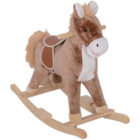 Kids Plush Rocking Horse with Wooden Base, Ride-On Toy for Ages 3+, Fun Gift in Brown and White