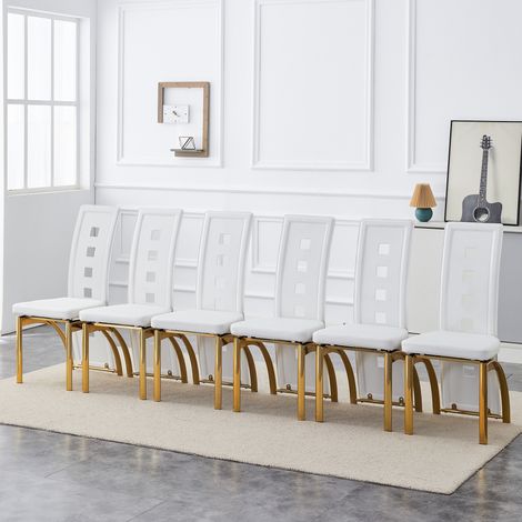 [Lot de 6] Chaises de salle à manger design européen à motif perforé, blanc mat similicuir + pieds métalliques dorés, hauteur 102,5 cm, pour salle à manger ou salon moderne. (1/5)