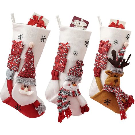Chaussettes de Noël avec Père Noël, bonhomme de neige et rennes, en velours peluche pour cheminée (pour décorations de Noël à suspendre), avec flocons de neige brodés max (1/5)