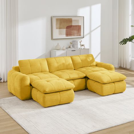 Canapé d'angle modulable 3 places en U, housse en velours chenille très douce, mousse ferme 32D, extensible et personnalisable, livré assemblé, avec 2 poufs, idéal pour séjour et studio, couleur jaune (1/5)