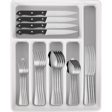 49-teiliges Besteckset mit Organizer, Edelstahl-Besteckschublade für 8 Personen, Küchenutensilien mit Steakmessern, hochglanzpolierten Tafelmessern, Gabeln, Löffeln und Serviertablett (1/5)