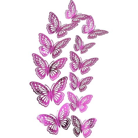 Stickers muraux papillons 3D – 12 pièces auto-adhésives – pour la décoration de gateaux de fête et de murs de chambre - Rose rouge (1/5)