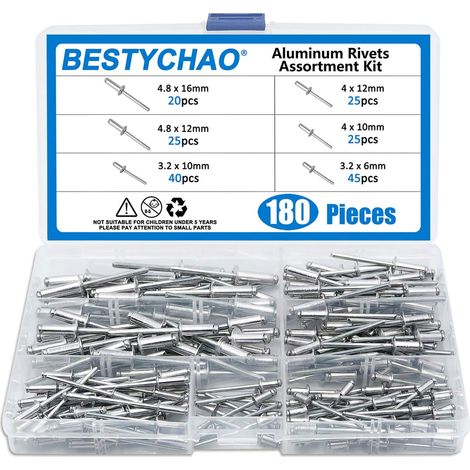 180pcs 6 tailles rivets aveugles en aluminium, kit d'assortiment de rivets pop (argent) (1/5)