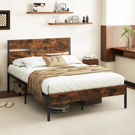 GOPLUS Cadre de Lit Double 140x200CM, Lit Plateforme Industriel avec Tête, Lattes en Métal, Espace de Rangement, Pas de Sommier Nécessaire, Brun Rustique,Charge 360KG (1/5)