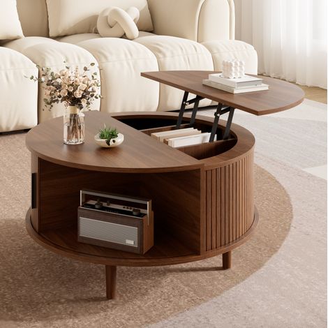 Table basse ronde relevable avec rangements, portes coulissantes, MDF, coloris noyer, pieds en pin (1/5)