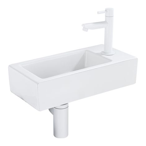 QeramiQ Fuente Ensemble lave-mains - 37.5x18.5x9cm - céramique - trou de robinet à droite - robinet de lave-mains blanc mat - bonde - siphon abaissé -