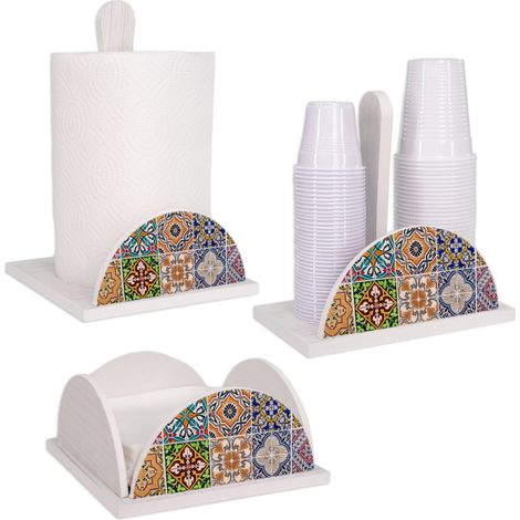 Lupia - Set 3 Pezzi WHITE TILES Porta Tovaglioli, Bicchieri e Rotolo in Legno, Decorazioni Eleganti per Stile Moderno o Classico, Accessori Cucina Made in Italy, Legno