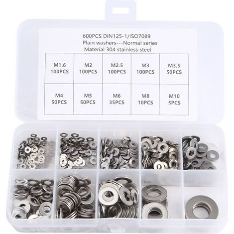 600 pièces kit rondelles plates inox assorties M1.6-M10 (1/5)