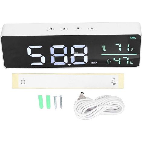 Sonomètre 3 en 1 (30 à 130 dBA) : Unité murale LED avec affichage du niveau sonore, de l'humidité et de la température. (1/4)