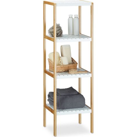 Relaxdays Estantería de bambú, 4 niveles, para baño, bambú, 110 x 33 x 34 cm, Blanco/Natural (1/7)