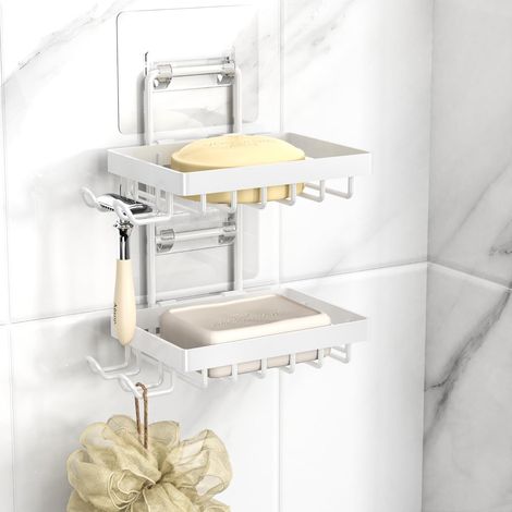 Porte-savon double étage blanc, sans perçage, en acier inoxydable 304, modèle mural, avec 4 crochets et un support pour rasoirs, porte-savon (1/5)