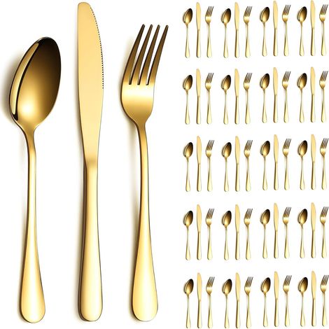 Ensemble de couverts en or 60 pièces Service pour 20, couteaux en acier inoxydable cuillère fourchettes ensemble pour mariage, fêtes, événements, maison, cadeau pour Thanksgiving (1/5)