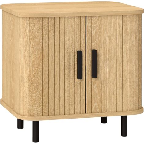 Mesa auxiliar de noche con puertas correderas y patas de acero color roble (1/4)
