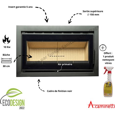 A Caminetti – Insert cheminée bois Cassette 90 black – Puissance 5-10 kW – Rendement 75% – Diamètre évacuation 150 mm – Finition intérieure noire (1/4)