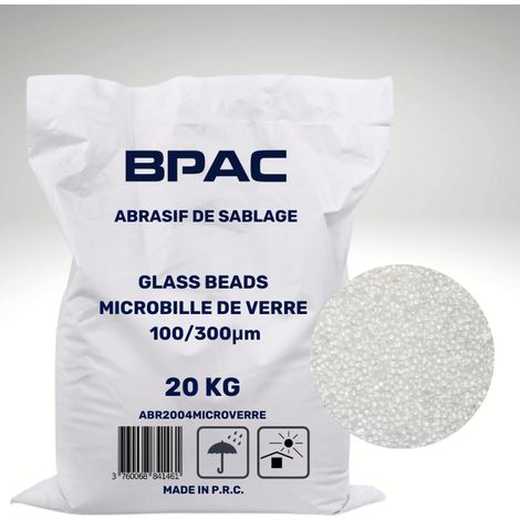 Bpac – Microbilles de verre pour sablage 20 kg – Granulométrie 100-300 microns – Finition sur aluminium et métaux tendres – Recyclables 5 à 10 fois