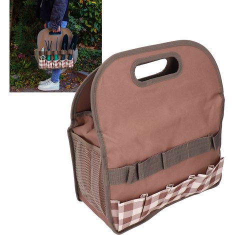 Sac à outils de jardin portable grande capacité, color-block, sac à outils familial, sac de rangement pour outils de menuiserie, patchwork à motif quadrillé. (1/5)