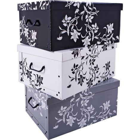 3er Set Aufbewahrungsbox mit Deckel je 51 x 37 cm - Blumenmuster - Stapelbox aus Pappe mit Griffen 45 Liter - Organizer Storage Box Allzweck Spielzeug Kiste Geschenk Karton Barock Design stapelbar