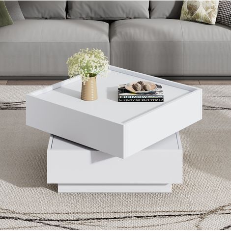 Table basse rotative 60x60x38 cm blanche en panneau de particules avec rangement et double tiroir (1/5)