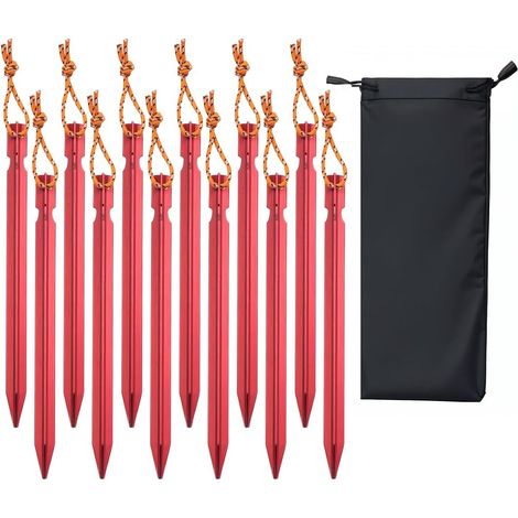 Lot de 12 piquets de tente, piquets métalliques de 18 cm, piquets de sol pour tentes, piquets de tente en aluminium pour surfaces dures, piquets de tente rouges (1/5)