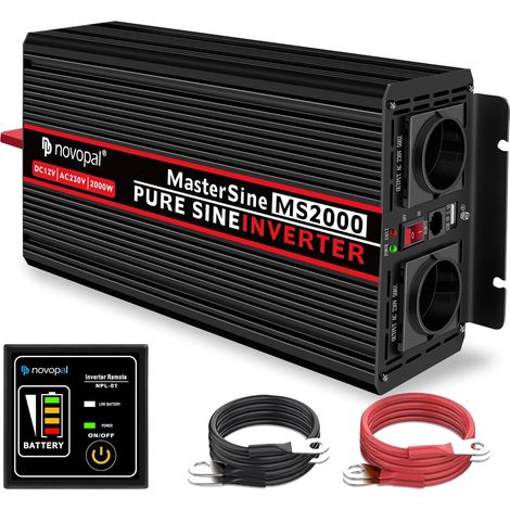 Convertisseur Pur Sinus 2000W-DC 12V à AC 220V/230V Onduleur-2 Prise EU de Courant Alternatif et 1 Port USB-télécommande avec INCL. 5 mètres (1/5)