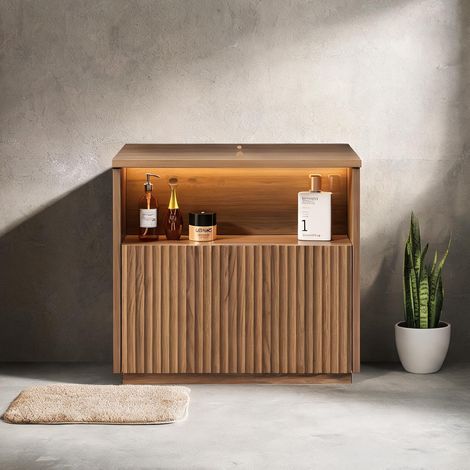 Meuble sous vasque 60 cm en contreplaqué plaqué chêne brun (1/5)