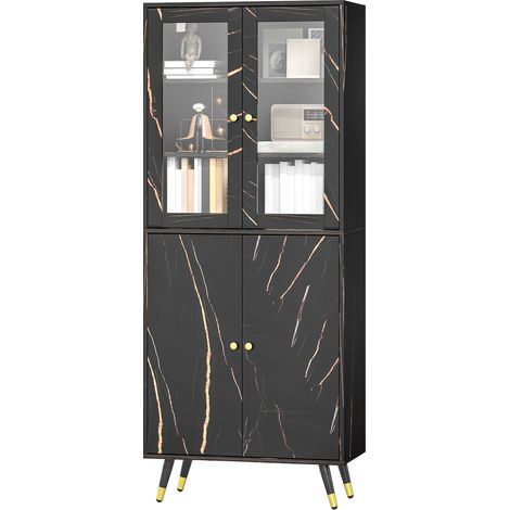 Bibliothèque 6 étagères avec placard et porte vitrée, meuble de rangement 70 x 35 x 170 cm noir (1/5)