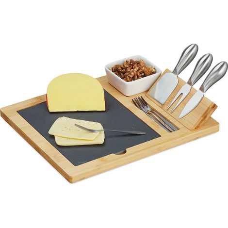 Relaxdays Set da Tavola, Vassoio in Bambù e 3 Posate Formaggio, Piatto Rettangolare Tagliere per Aperitivo, Marrone Nero
