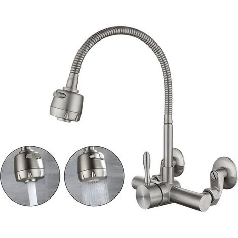 Küchen-Wandarmatur – Lebensmittelechter Edelstahl 304 – 360° drehbar – Für Doppelspülen – Lochabstand 12–18 cm – Silber – 1 Stück (1/5)