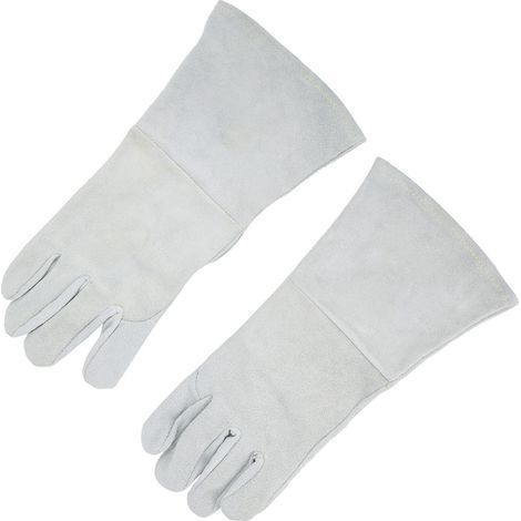 Paar graue Schweißerhandschuhe aus Rindsleder, Vollhandfläche, verschleiß- und hitzebeständig, zum Schneiden. Vollständiger Handflächenschutz, verschleiß- und hitzebeständig. (1/5)