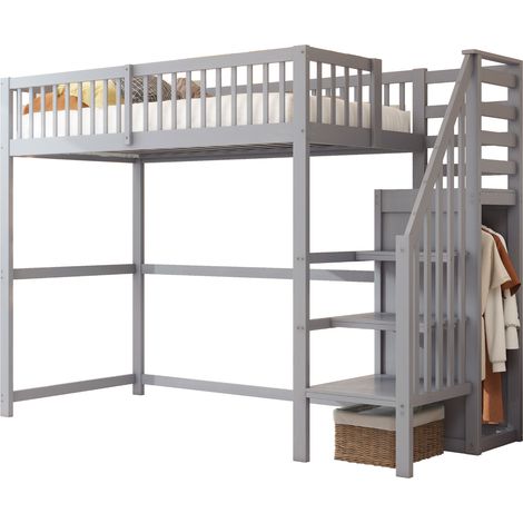 Lit mezzanine 90x200 avec escalier, rangement, armoire, gris,sans matelas