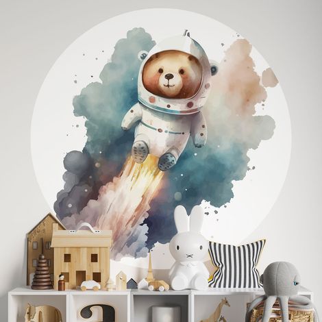 Sticker mural rond / cercle Enfants - Ourson Cosmonaute - Diamètre 30 cm - Adhésif + Protection MATE (1/2)