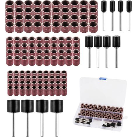 Kit de lijado profesional de 132 piezas 120 bandas abrasivas + 12 mandriles de tambor para herramientas rotativas Grano 60-240 para madera, metal y plástico Caja de almacenamiento incluida (1/5)