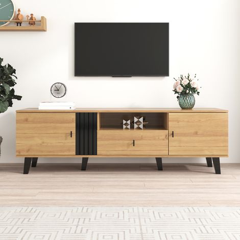 Mobile TV 170x40x50,5 cm da soggiorno, mobile lowboard moderno con cassetto e ante, in pannello truciolare e vetro in stile industriale, legno naturale (1/5)