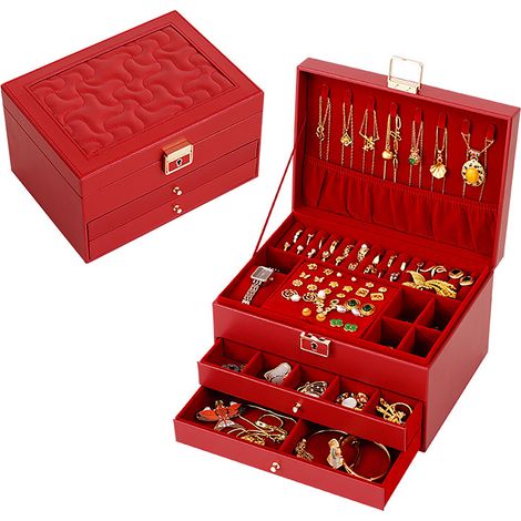 [Schmuckkästchen] Ando Mehrteiliges, gestuftes rotes Lederkästchen mit viel Stauraum für Armbänder und Halsketten