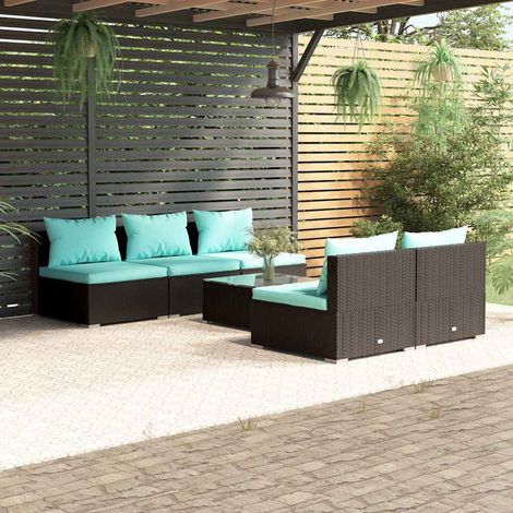 Salon de jardin 6 pcs Ensemble Table et Chaise de Jardin - avec coussins Résine tressée Noir BV806285 - BonneVie (1/5)