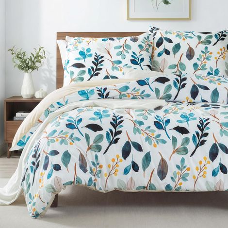 Bettwäsche-Set 220x240cm 3-teilig mit 2 Kissenbezügen 80x80cm, Mikrofaser, Blumenmuster, Blau