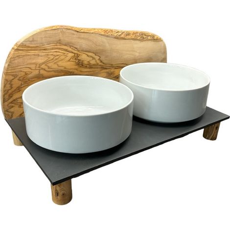Station d'alimentation double porte-gamelles en bois d'olivier avec pieds ronds 2 x 1,5 L - PANGIVO