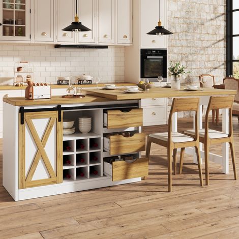 Îlot de cuisine extensible 120-197x40x72 cm - table à manger réglable avec portes coulissantes style grange - tiroirs et casier à bouteilles - MDF - blanc (1/5)