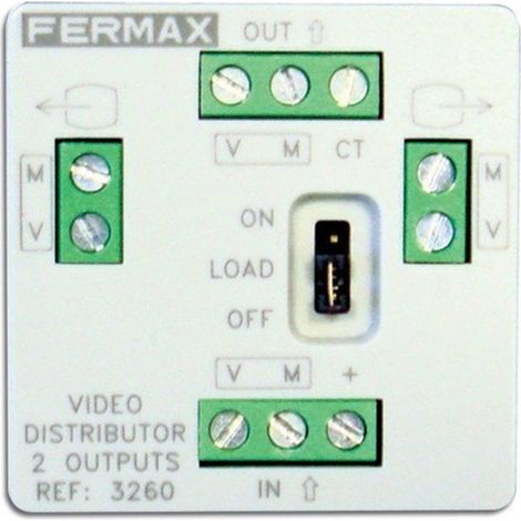 Distribuidor mini video 2s con 2 salidas y conexión de 12V.