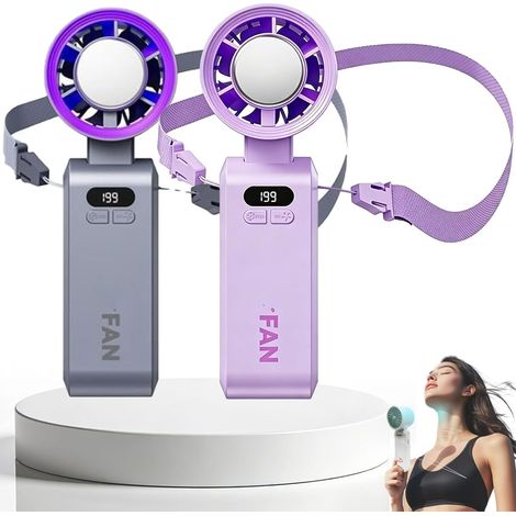 2PCS Portable Turbo Ice Cooling Fan, 199 Speeds 3-in-1 Handheld/Desk/Neck Fan, Rechargeable with Lanyard for Travel Outdoor Summer(Purple&Grey)