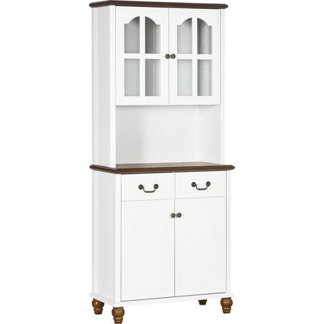 Armadio da cucina alto con 2 cassetti, vetrina con porta in vetro, MDF bianco, 76 x 38 x 182 cm (1/5)