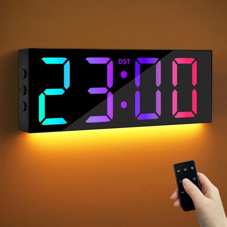 12''Grande horloge murale numérique avec télécommande,grand écran d'écran LED,8RVB,DST,décor de bureau de lumière de nuit moderne pour le salon,chambre,bureau,salle de classe,salle d'étude-noir (1/5)