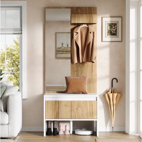 Perchero de pie con espejo, banco zapatero y 2 cajones (60x38x145 cm), blanco y natural, tablero de partículas (1/5)